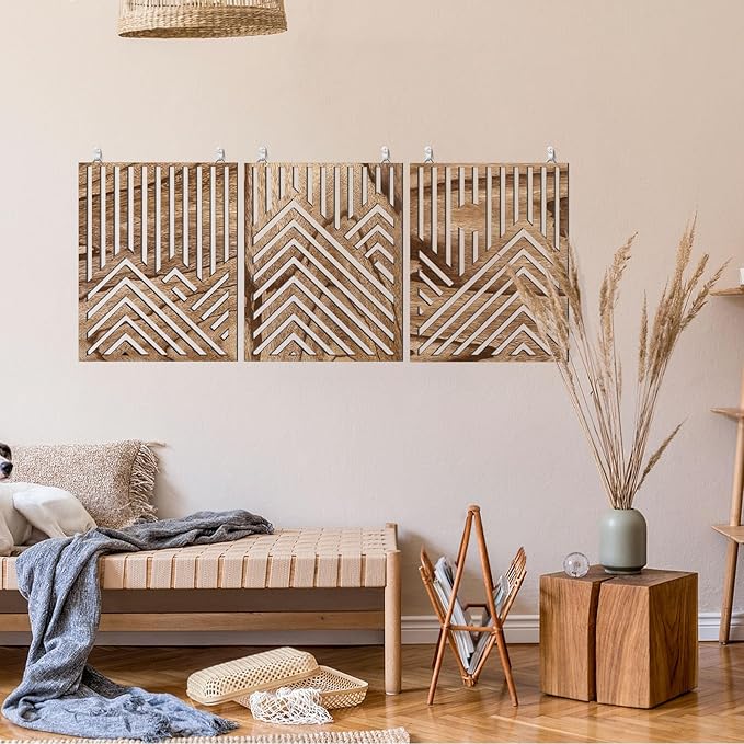 3pcs Wooden Wall Art, Mountain Decor Single Line Minimalist Decors Mountain Wall Art, Abstract Mountain Line Wood Wall Decor Hanging for Living Room Bedroom Bathroom Home Decors (Walnut Brown)