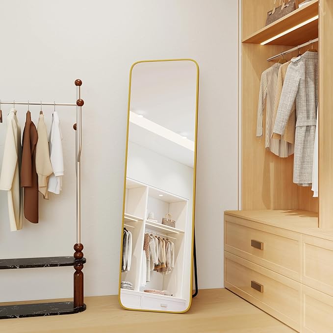 NARCISSUS 57x16 Mirror Door Hanging Full Length Body with Floor Stand or Wall Mounted Metal Aluminum Frame Tempered Glass Rectangle Mirrors for Bedroom Dressing Living Room Bathroom 57 inch Gold