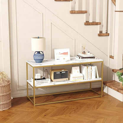 Function Home TV Stand for TVs up to 50 Inch, 2 Tier Entertainment Center, Modern TV Cabinet with Marble Top and Gold Metal Base, 42" Media Console Table with Storage for Living Room Bedroom