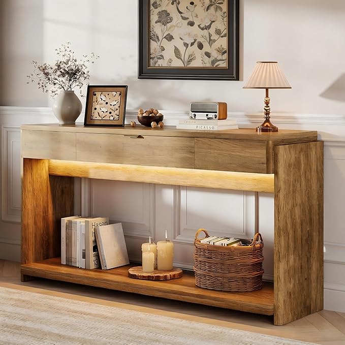 Feonase 71" Long Console Table with Drawer and LED, Wooden Farmhouse Sofa Table Behind Couch, Modern Entryway Table for Living Room, Hallway, Entrance, Foyer, Oak Brown
