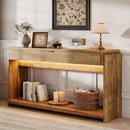 Feonase 71" Long Console Table with Drawer and LED, Wooden Farmhouse Sofa Table Behind Couch, Modern Entryway Table for Living Room, Hallway, Entrance, Foyer, Oak Brown