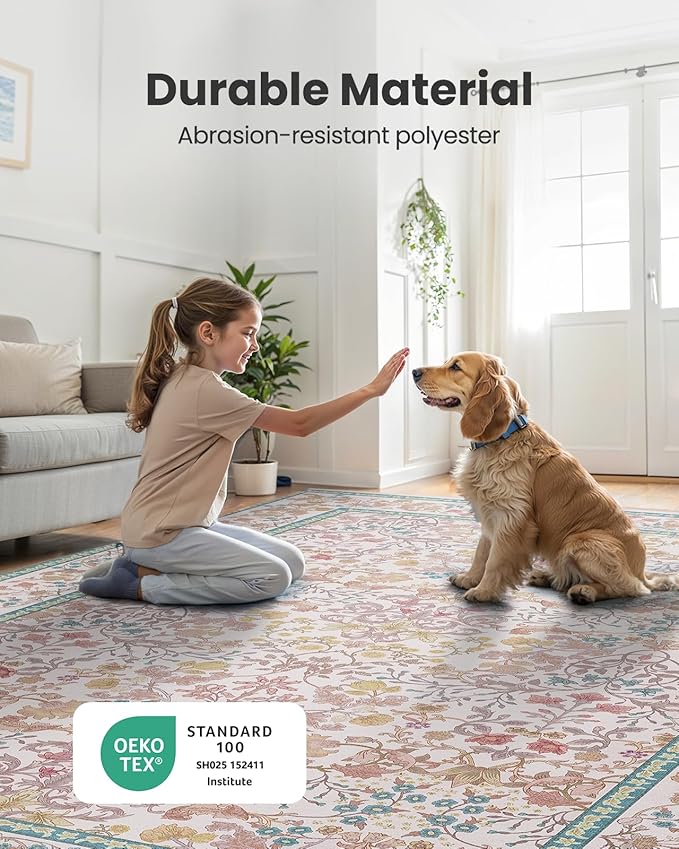 AMADA HOMEFURNISHING 5x7 Area Rug, Washable Living Room Rug with Non-Slip Backing, Low Pile and Durable Edge Binding, Vintage Soft Floral Rugs for Living Room, Bedroom, Dining Room