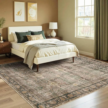 Rugxara Brown 5x7 Area Rugs for Living Room Bedroom, Large Washable Rug, Vintage Retro Boho Rug, Non Slip & Low Pile Faux Wool Thin Carpet for Indoor Dining Room and Kids Room(Charcoal/Olive 5x7ft)