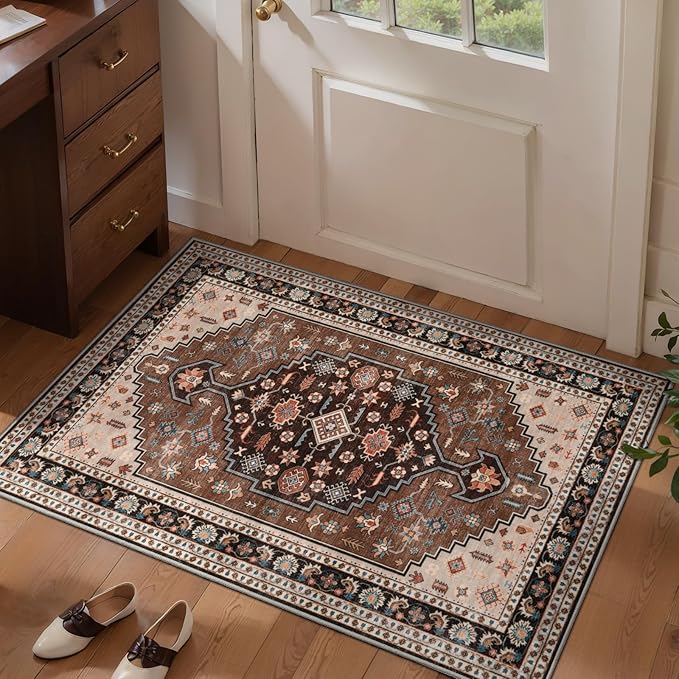 Tangsoo Vintage 2x3 Entry Rug,Small Washable Indoor Door Rug for Entryway,Brown Beige Non-Slip Rubber Backing Throw Mat Soft Low Pile Carpet for Front Porch Entrance Kitchen