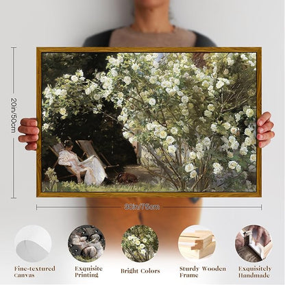 crmotu Vintage Framed Wall Art, Garden Women Canvas Art Prints, Rose Floral Classical Oil Paintings, Green Landscape Rustic Farmhouse Wall Decor Living Room Bedroom Bathroom Aesthetic Pictures 20x30in