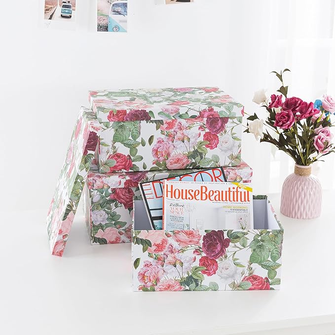 Soul & Lane Decorative Cardboard Storage Boxes with Lids for Home Decor and Organization, Set of 3 Large Keepsake Boxes for Memories & Gifts, Nesting Floral Photo Storage Containers, Rose Romance
