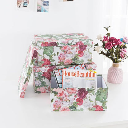Soul & Lane Decorative Cardboard Storage Boxes with Lids for Home Decor and Organization, Set of 3 Large Keepsake Boxes for Memories & Gifts, Nesting Floral Photo Storage Containers, Rose Romance