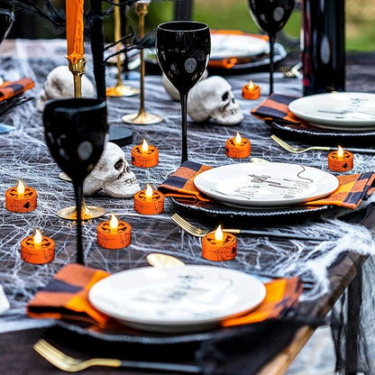 GenSwin Halloween Tealights Candles Battery Operated, 12 Pack Tea Lights Flameless Candles with Timer, Orange LED Votive Flickering Candles with Pumpkin Face and Spiderweb Prints for Halloween Decor