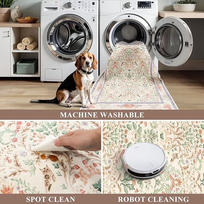 3x6 Botanical Rug Washable Non-Slip – Soft Wide Floor Carpet Runner for Kitchen Entryway Hallway Bathroom, Vintage Florals Animals Low Pile Area Rug (Cream)
