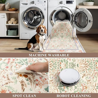 3x6 Botanical Rug Washable Non-Slip – Soft Wide Floor Carpet Runner for Kitchen Entryway Hallway Bathroom, Vintage Florals Animals Low Pile Area Rug (Cream)