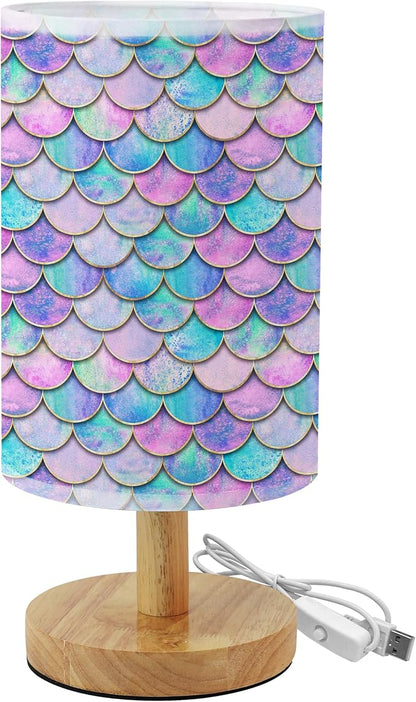 Rainbow Scales Mermaid Bedside Table Lamp for Bedroom with USB Port, Cute Cozy Kids Nightstand Lamp with Wood Base Polyester Fabric Shade for Living Room Dorm Desk (Rainbow01)