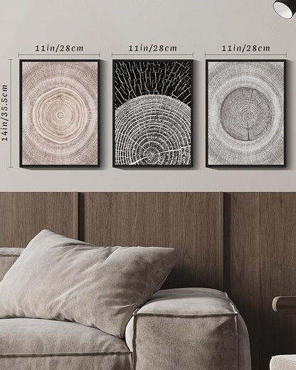 PHOPAGO Vintage Wood Tree Rings Wall Art Farmhouse Rustic Framed Canvas Paintings Living Room Bedroom Decor Nature Artwork 11x14in Black Framed