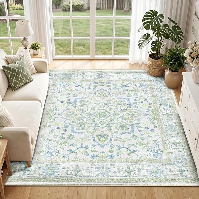 CAPALOCA Machine Washable Rugs Nursery Rug Sq6ft Cute Girl Non Slip Low Pile Water Repellent Soft Print Pattern for Bedroom Indoor Decor Kids Playroom Green Blue