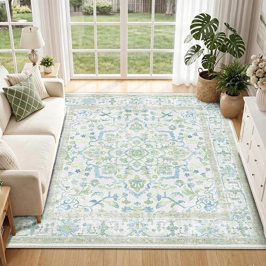 CAPALOCA Machine Washable Rugs Nursery Rug Sq6ft Cute Girl Non Slip Low Pile Water Repellent Soft Print Pattern for Bedroom Indoor Decor Kids Playroom Green Blue
