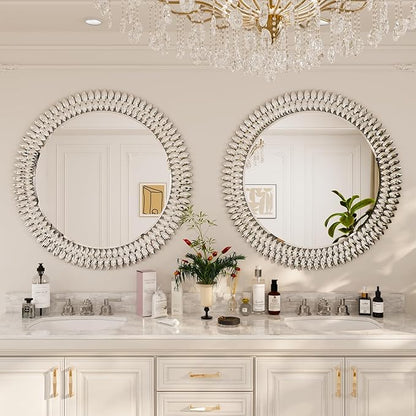 Kelly Miller 36" Large Round Jeweled Wall Mirror, Luxury Diamond Beveled Decorative Mirror for Bedroom Living Room Bathroom Hallway Entryway Fireplace