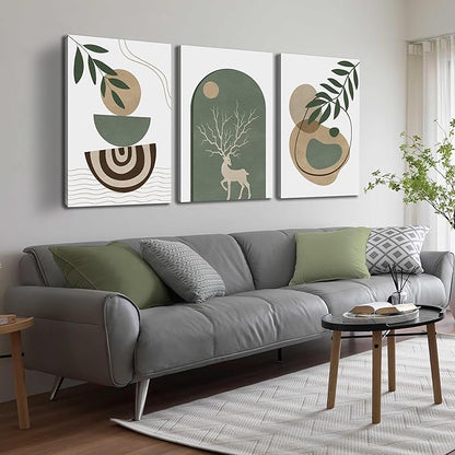 Boho Sun Canvas Wall Art Set of 3, Neutral Abstract Minimalismt Bohemian Geometric & Botanical Plants Pictures Prints Artwork Paintings Wall Decor for Bedroom Living Room Home Decoration 24x36 inches