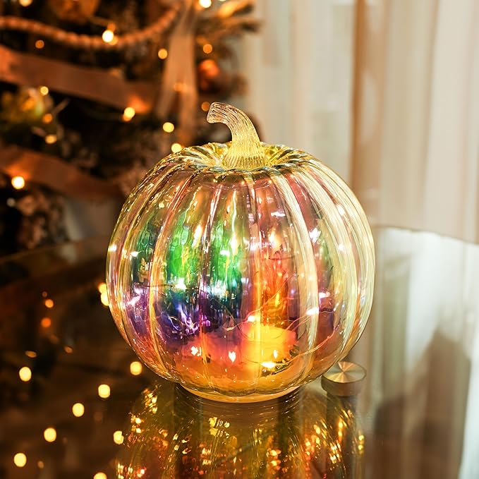 Colorful Mercury Glass Pumpkin with Built-in LED Light - Enhance Your Fall Decor with Magical Glow-Perfect Harvest Festival Decorations and Gift