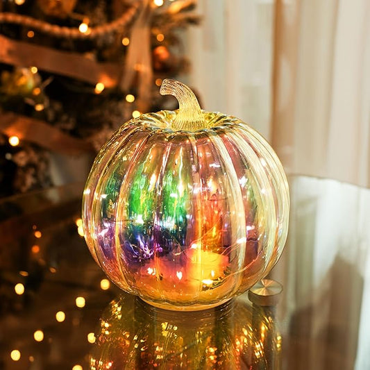 Colorful Mercury Glass Pumpkin with Built-in LED Light - Enhance Your Fall Decor with Magical Glow-Perfect Harvest Festival Decorations and Gift
