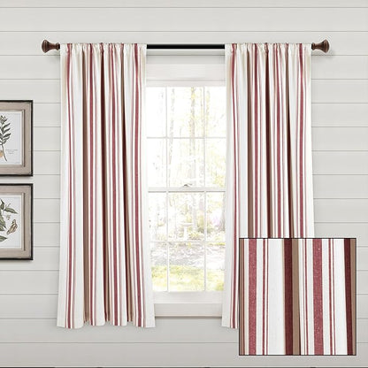 Lush Decor Farmhouse Stripe Yarn Dyed Eco-Friendly Recycled Cotton Window Curtain Panel Pair, 42" W x 63" L, Red - Classic Modern Rustic Charm - Eco Friendly Cotton Fabric