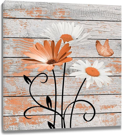 HVEST Farmhouse Orange Floral Wall Art for Living Room, Daisy Flower and Butterfly on Rustic Wood Pictures Wall Decor Nature Plant Framed Canvas Wall Art for Bedroom Bathroom Decor,12L X 12W inches