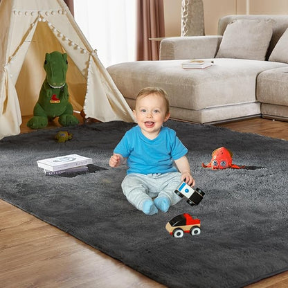 Soft Shag Area Rug for Living Room and Bedroom Decor, 5x7 Feet Solid Gray Non-Slip Indoor Carpet for Kids Boys Girls Dorm Nursery, Large Aesthetic Floor Rug