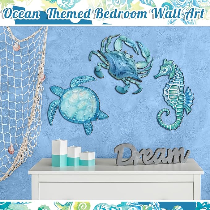 Tatuo 3 Pcs Summer Coastal Wall Decor Bathroom Beach Blue Wall Art Sea Turtle Surfboard Seahorse Starfish Seashell Conches Crabs Sea Life Decor for Bedroom Home (Ocean Style)