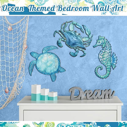 Tatuo 3 Pcs Summer Coastal Wall Decor Bathroom Beach Blue Wall Art Sea Turtle Surfboard Seahorse Starfish Seashell Conches Crabs Sea Life Decor for Bedroom Home (Ocean Style)