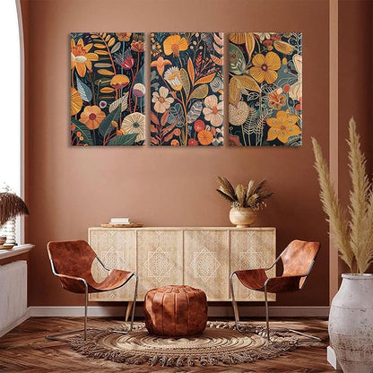 TBKHUDBI Burnt Orange Floral Canvas Wall Art,Mid Century Modern Wall Decor,Boho Terracotta Flower Picture Prints Poster Painting Artwork Set Of 3 For Living Room Bedroom Office 16X24 Framed