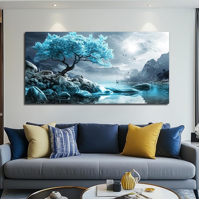 KELIYUAN Large Wall Art For Living Room Canvas Wall Decor Bedroom Blue Tree Landscape Wall Paintings Black And White Pictures Office Mural Framed Prints Artwork Modern Home Decorations 30x60in