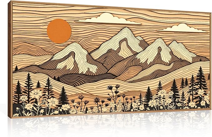 HPNIUB Woodcut Style Mountain Framed Wall Art Set,Abstract Wilderness Forest Wall Decor,Vintage Boho Sunset Art Print,Brown Line Nature Forest Scenery Artwork for Living Room, Bedroom,Office-20 x40