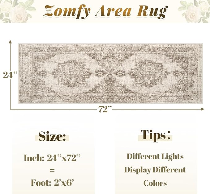 Area Rug 2x6 Runner Rugs: Washable Vintage Hallway Rug Indoor Medallion Rugs Low Pile Distressed Floor Carpet Retro Accent Rug for Kitchen Bedroom Bathroom Dining Room(Taupe, 2'x6')