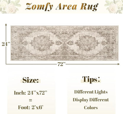 Area Rug 2x6 Runner Rugs: Washable Vintage Hallway Rug Indoor Medallion Rugs Low Pile Distressed Floor Carpet Retro Accent Rug for Kitchen Bedroom Bathroom Dining Room(Taupe, 2'x6')