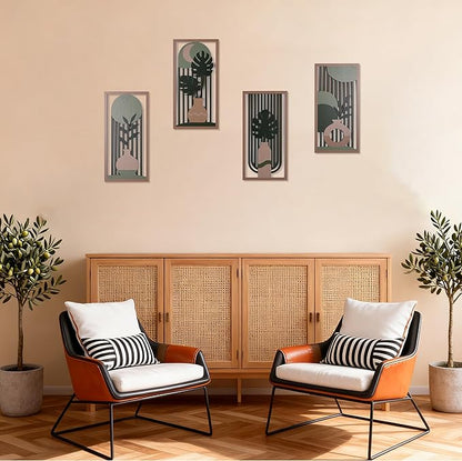 suruim Boho Wall Art Set of 4, Abstract Geometric Wooden Wall Decor, Mid-Century Modern Aesthetic Artwork with Arch, Vase & Botanical Design for Modern Home Decor for Bedroom, Office & Living Room(D)