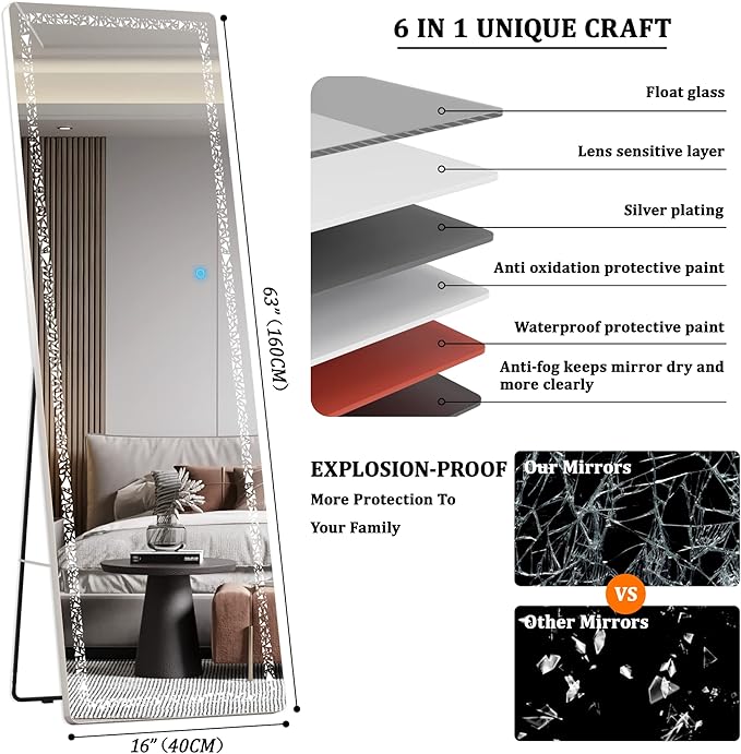 Hasipu 62" x 17" Full Length Mirror with LED Lights, Full Body Mirror with Triangle Pattern Light, LED Free Standing Floor Mirror, Wall Mounted Mirror Dimming & 3 Color Modes (White)