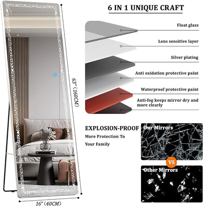 Hasipu 62" x 17" Full Length Mirror with LED Lights, Full Body Mirror with Triangle Pattern Light, LED Free Standing Floor Mirror, Wall Mounted Mirror Dimming & 3 Color Modes (White)