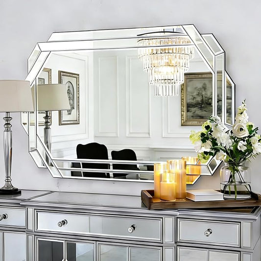 Chende 32" x 47" Large Bathroom Mirror for Wall, Decorative Wall Mirror with Beveled Glass Frame, Horizontal/Vertical Mirror for Living Room, Dining Room, Bedroom Decor