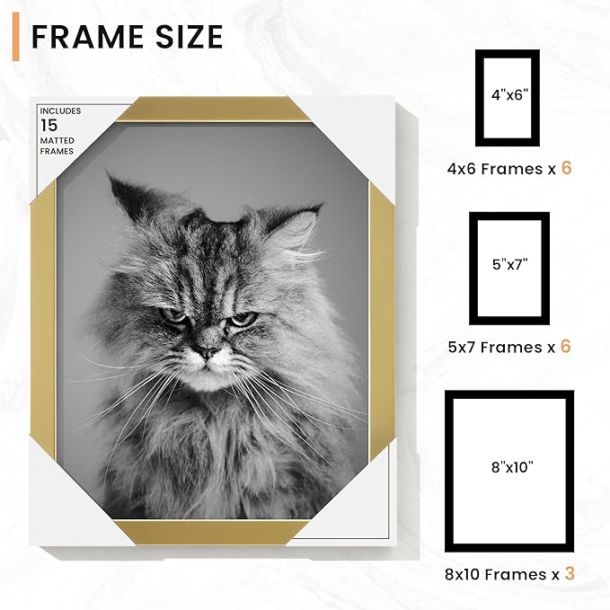 Venusmiles 15 Pack Picture Frames Collage Wall Decor, Gallery Frame Set for Wall Mounting or Tabletop Display, Multi Sizes Including 3pcs 8x10, 6pcs 5x7, 6pcs 4x6, Gold