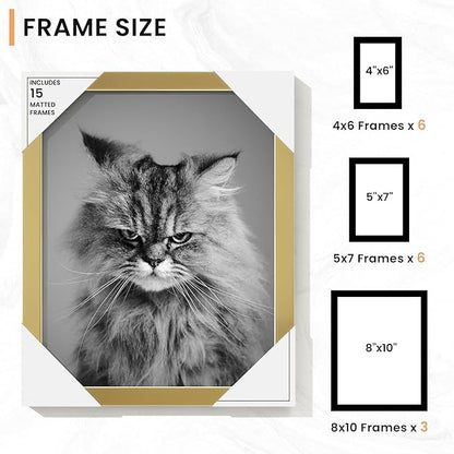 Venusmiles 15 Pack Picture Frames Collage Wall Decor, Gallery Frame Set for Wall Mounting or Tabletop Display, Multi Sizes Including 3pcs 8x10, 6pcs 5x7, 6pcs 4x6, Gold