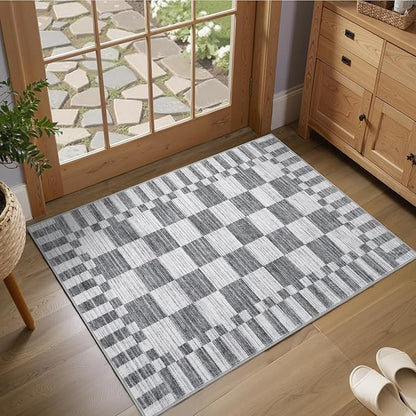 GarveeHome Grey Checkered Rug 2x4 Washable Rug Non-Slip for Entryway, Soft Low-Pile Small Area Rugs,Neutral Modern Geometric Rugs for Kitchen