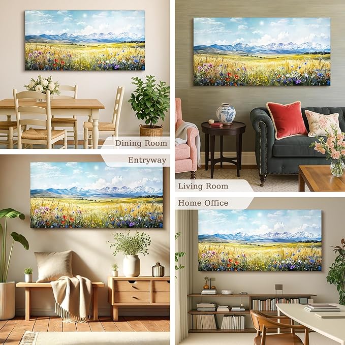 SERIMINO Outdoor Landscape Large Wall Art, Nature Country Scenic Canvas Art Prints, Meadow Wildflowers Big Artwork for Walls, Mountain Cloud Sunlit Pictures for Living Room Dining Room 29"X57"