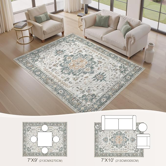 EIEIHOUSE Washable Area Rugs for Living Room -7x10 Neutral Vintage Distressed Floral Farmhouse Boho Large Soft Floor Rug Indoor Non Slip Carpet for Living Room Bedroom Dining Room Office-Green/Grey
