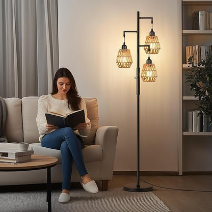 QiMH Farmhouse Floor Lamps for Living Room, Industrial Standing Lamp with 3-Lights Boho Rattan Shades, 68" Modern Rustic Tree Tall Lamps for Bedroom Office, Rotary Switch, 3 LED Bulbs Included