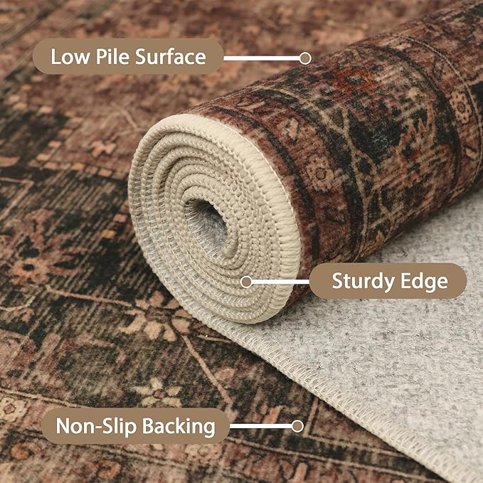 GENIMO 9x12 Area Rugs for Living Room, Machine Washable Rug, Non Slip Indoor Vintage Rug, Low Pile Lightweight Chenille Print Carpet for Bedroom Dining Room Home Office, Charcoal Brown