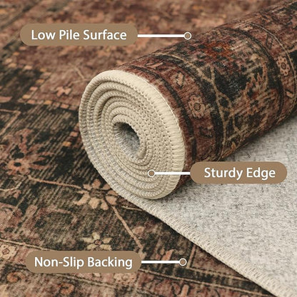 GENIMO 9x12 Area Rugs for Living Room, Machine Washable Rug, Non Slip Indoor Vintage Rug, Low Pile Lightweight Chenille Print Carpet for Bedroom Dining Room Home Office, Charcoal Brown