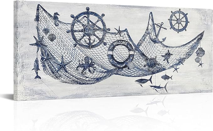 sechars Nautical Decor Wall Art Fishing Net with Boat Wheels and Shells Picture Paintings Vintage Lake House Wall Decoration 20 x 48 inches (Blue)