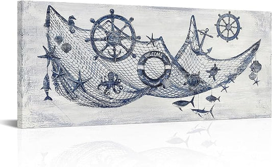 sechars Nautical Decor Wall Art Fishing Net with Boat Wheels and Shells Picture Paintings Vintage Lake House Wall Decoration 20 x 48 inches (Blue)