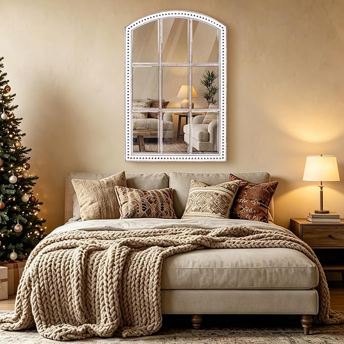 HOITUZYUS 36x24 Inch Arched Windowpane Wall Mirror Farmhouse Style, Rustic Decorative Mirrors for Living Room, Bedroom, Entryway, Hallway, Bathroom