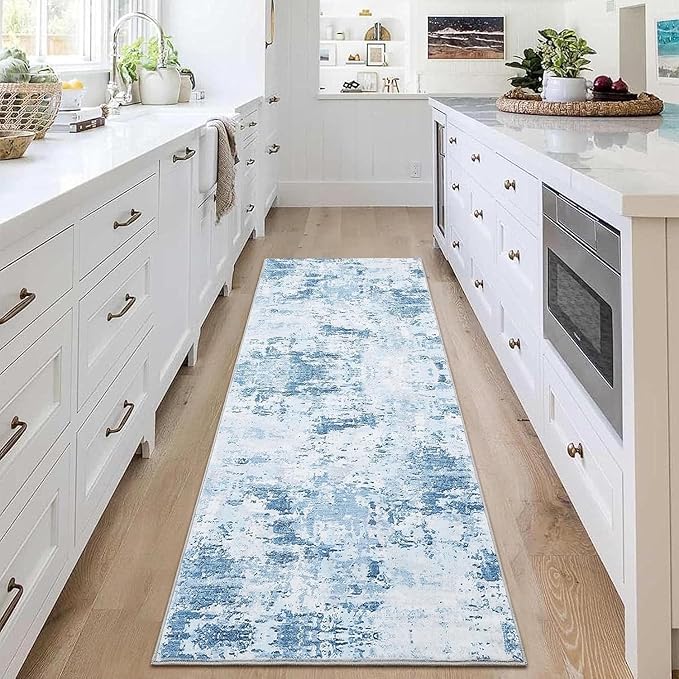 ROYHOME Modern Abstract 2x10 Runner Rug Non Slip Non Shedding Low Pile Stain Resistant Rug for Hallway Kitchen Bedroom, Light Blue