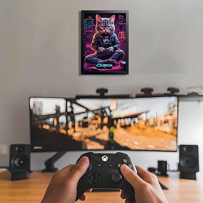 Framed Gamer Cat Canvas Wall Art, Kitten Playing Video Game Wall Decor, Cool Controller Neon Oil Painting, Boys Bedroom Gaming Room Canvas Print Poster 8x10 Inch