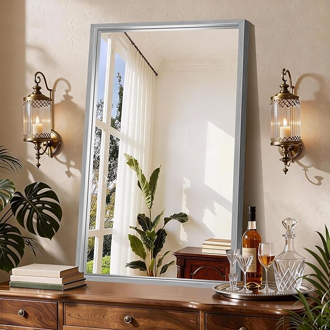 CIRCUMI 24"x40" Brushed Silver Mirror with Chunky Box Metal Frame, Bathroom Mirror for Vanity Remodel & New Home, Living Room, Entryway, Rectangular Wall Mirror, Tempered Glass, Vertical or Horizontal